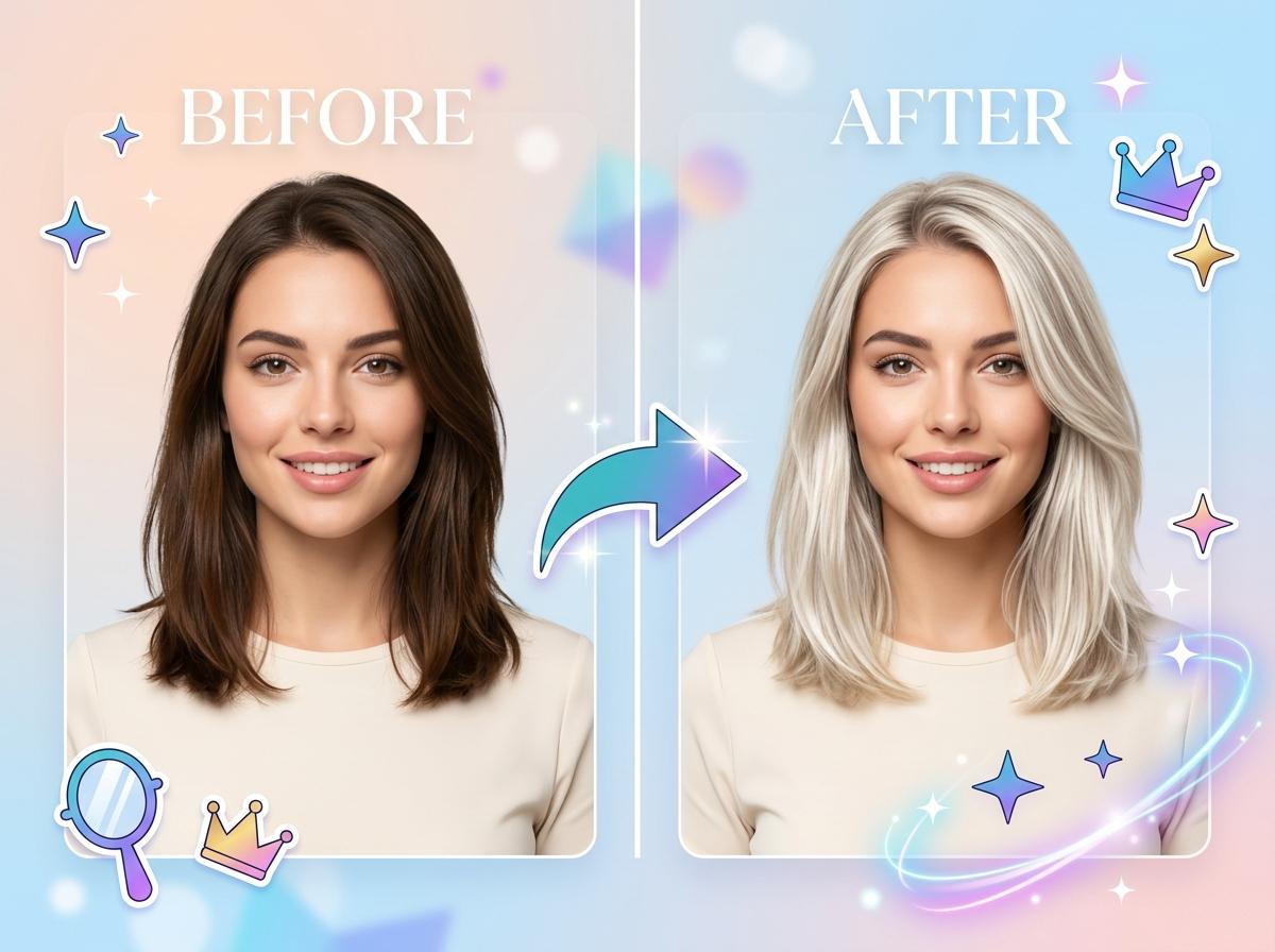 AI Hair Color Changer illustration — virtual hair color preview with realistic strand segmentation and shading